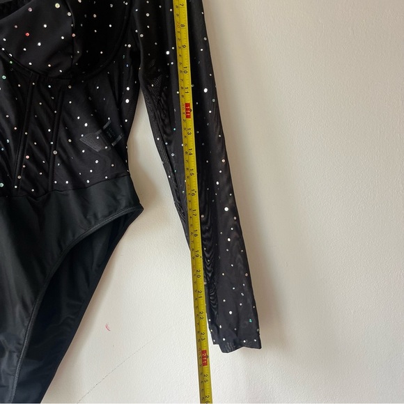 Shein Curve Black Rhinestone Mesh Long Sleeve Bodysuit Plus Size 1XL Holiday - Picture 8 of 12